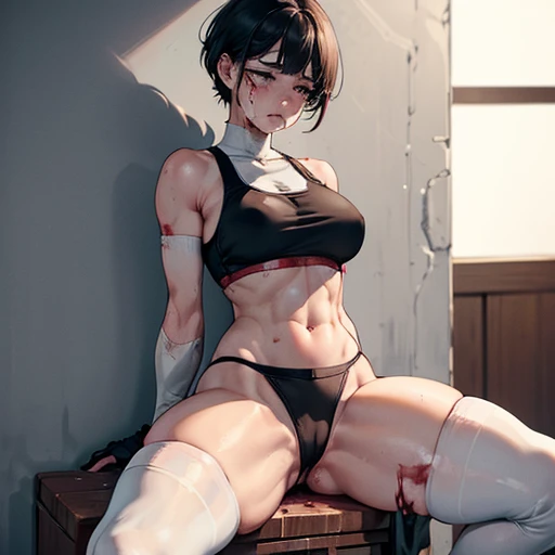 ((Masterpiece)), ((Highest Quality)), ((High Resolution)), (((Her costume is badly torn))). ((((Her body and face are covered in blood and bruises)))). her belly has many bruises. (((She wipes her tears with her hand))). she was beated terribly. after she ...