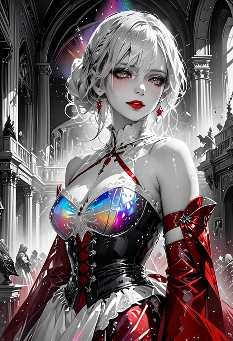 no color, monochrome, black and white. 
ultra detailed, absolutely resolution, masterpiece. 
cool beauty, cool gaze, cold stare, looking down, grin, evil smile, white gorgeous hairstyle. 
wearing Northern Renaissance-style red leather corset dress, gloves....