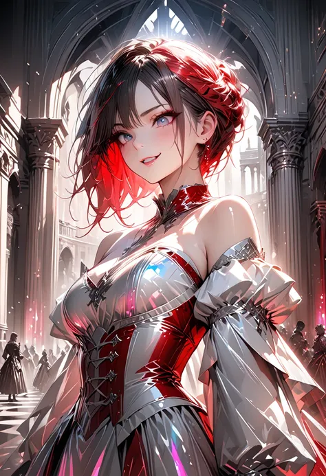 no color, monochrome, black and white. 
ultra detailed, absolutely resolution, masterpiece. 
cool beauty, cool gaze, cold stare, looking down, grin, evil smile, white gorgeous hairstyle. 
wearing Northern Renaissance-style red leather corset dress, gloves....