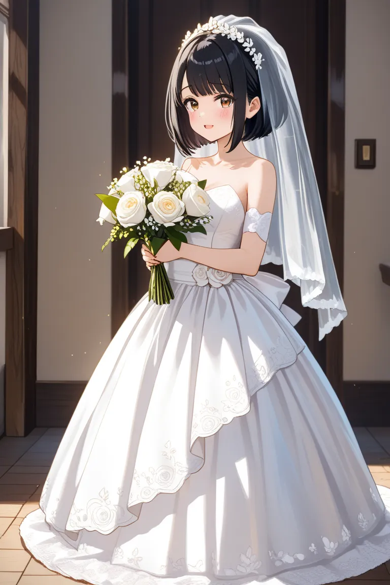 Girl holding a white bouquet in a cute, low-exposure wedding dress with black hair and bob hair