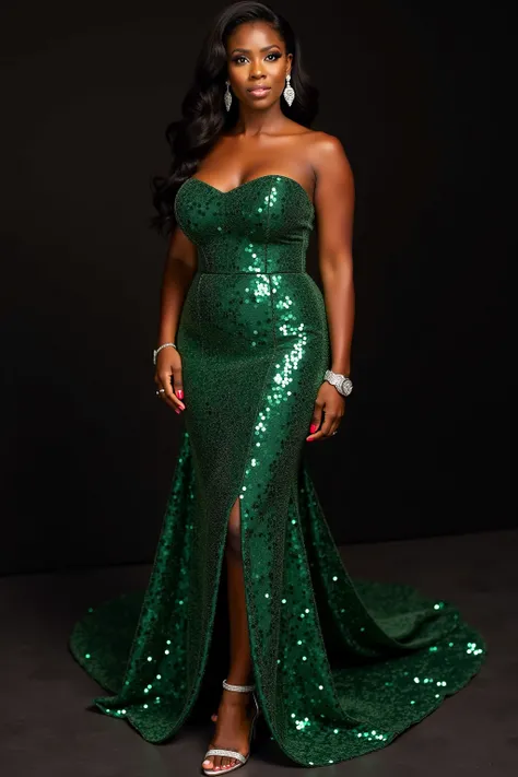 A curvaceous Black woman wearing a shimmering, emerald green sequin gown with a mermaid silhouette, paired with silver strappy heels. She’s accessorized with diamond drop earrings and a delicate silver bracelet. Her hair is styled in a glamorous, side-swep...