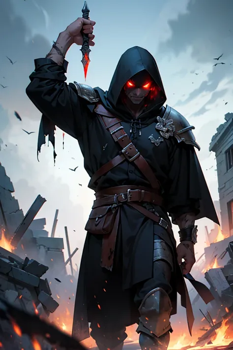 A lone, battle-worn warrior stands in the middle of a blood-soaked battlefield, his black cloak tattered and billowing in the cold wind. His face is partially shadowed beneath a hood, revealing only a pair of piercing, crimson-glowing eyes filled with rage...