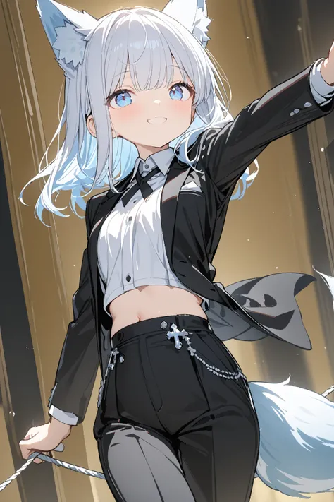 
1 cute girl, Silver Hair, light blue eyes , fox ears,smile, fox tail ,Butler, elegant, tuxedo, cross tie, black jacket, pant suit, black pants,midriff peek,Tightrope walking,（:1.2 midriff peek）,
masterpiece,best quality,amazing quality,Balance Games