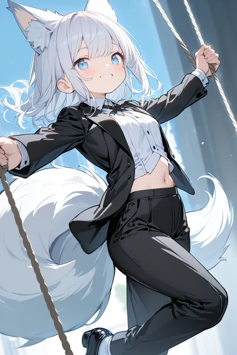 
1 cute girl, Silver Hair, light blue eyes , fox ears,smile, fox tail ,Butler, elegant, tuxedo, cross tie, black jacket, pant suit, black pants,midriff peek,Tightrope walking,（:1.2 midriff peek）,
masterpiece,best quality,amazing quality,Balance Games