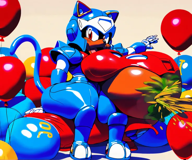 samurai pizza cats, guido anchovy, armor, no helmet, bald, blue armor, male, furry male, cat, solo, 1boy, tail, red eyes, male focus, animal ears, cat ears, cat tail, red balloon, big balloon, large balloon, huge balloon, giant balloon, big red balloon, gi...