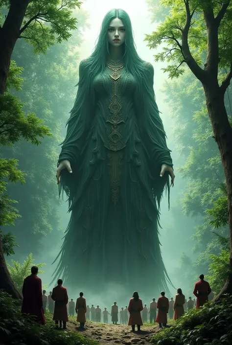 female Mysterious Forest Giant, fully clothed, many people around the giant, from below