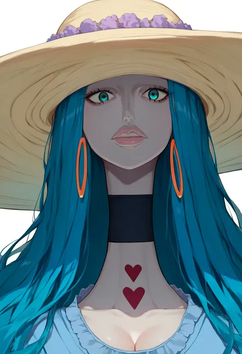 score_9, score_8_up, score_7_up, source_anime, solo, 1girl, Charlotte Amande, blue hair, blue eyes, gray skin, long neck, lips, hoop earrings, huge hat, choker, blue dress, cleavage, emotionless, portrait, close up, looking at viewer, standing, white backg...