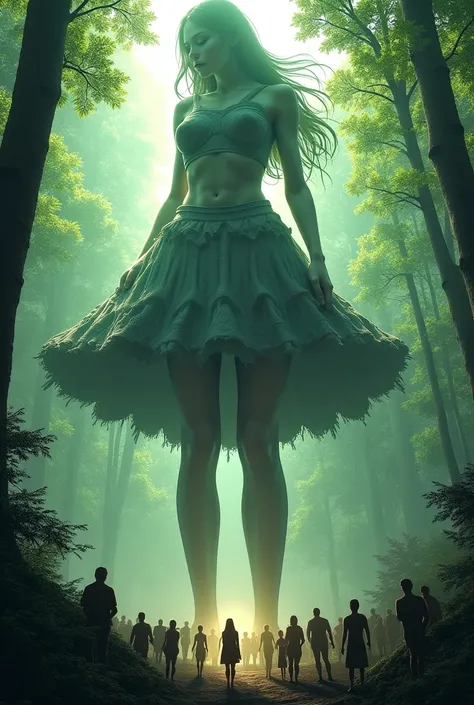 female Mysterious Forest Giant, wearing short skirt costume, many people around the giant, from below