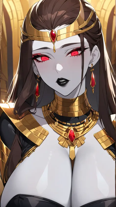 Egytian queen,Tall, Pale Skin, White Skin, skinny, huge Breasts, busty, brown Hair, Long Hair, Slicked Back Hair, Glowing red eyes,glowing Eyes, Parted Lips, Black Lips,Wears black tight velvet dress, has gold chained ruby amulet.
. Ruby earings. Wears a r...