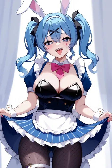 2heads, twoheads, a tall thin woman with 2 heads, rabbitholemiku, facial mark, twintails, x hair ornament, hair ribbon, heart-shaped pupils
playboy bunny, black leotard, strapless leotard, clothing cutout, detached collar, pink bowtie, wrist cuffs, black p...