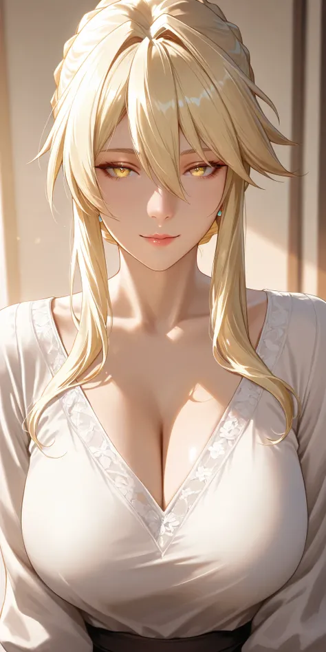 Masterpiece, very aesthetic, vibrant, high contrast, elegant mature woman, artoria pendragon (lancer) (fate), seductive, housewife, casual clothes, upper body, curvaceous, soft light, best quality, semrealistic, honkai: star rail cg style