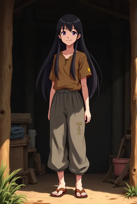 A beautiful young lady, roughly in her early twenties, long black hair, peasant attire with a torn brown shirt, baggy gray pants, sandals, kind, gentle smile that’s as bright as the Sun, in a small wood shack, beautiful purple eyes, anime.