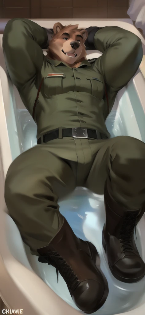  alone,  man big tall , Lying on the floor ., bathtub , bear  ,black Green military Army uniform ,  wearing boots ,  heavy overload,  muscle,  Sexual​Emotions​ happy​, by chunie 