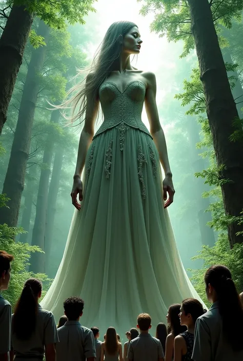 female Mysterious Forest Giant, wearing skirt  costume, many people around the giant, side view from below