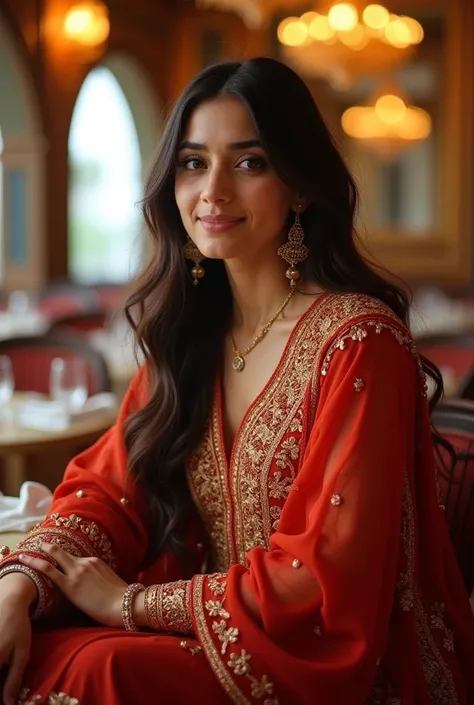 A 20-year-old Arab girl with an innocent and graceful look, resembling Bollywood actress Neha Sharma. She has delicate, well-defined features, expressive eyes, and a warm, gentle expression. She is dressed in an elegant, intricately embroidered shalwar kam...