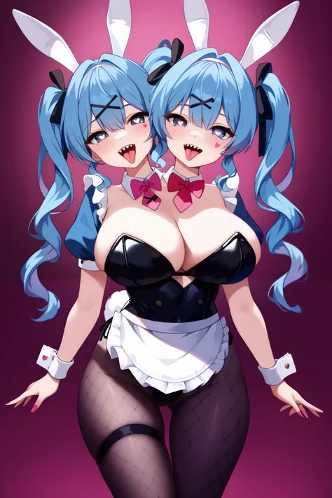 2heads, twoheads, a tall thin woman with 2 heads, rabbitholemiku, facial mark, twintails, x hair ornament, hair ribbon, heart-shaped pupils
playboy bunny, black leotard, strapless leotard, clothing cutout, detached collar, pink bowtie, wrist cuffs, black p...