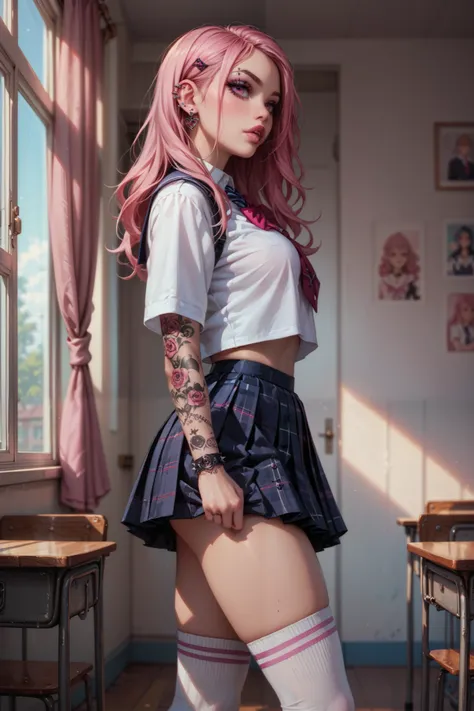 Gothic school girl, pink hair, 19 years old, perfect figure, pink eyes, third breast size, detailed face, perfect lips, standing at school, tattooed body, pierced nose, pierced eyebrows, white knee-high socks, school uniform, side view