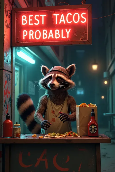 A scruffy raccoon, wearing a stained tank top and a backward baseball cap, stands behind a tiny food cart in a dark alleyway. His hands move quickly as he stuffs greasy tacos into paper bags, his ringed tail flicking impatiently. A barely working neon sign...