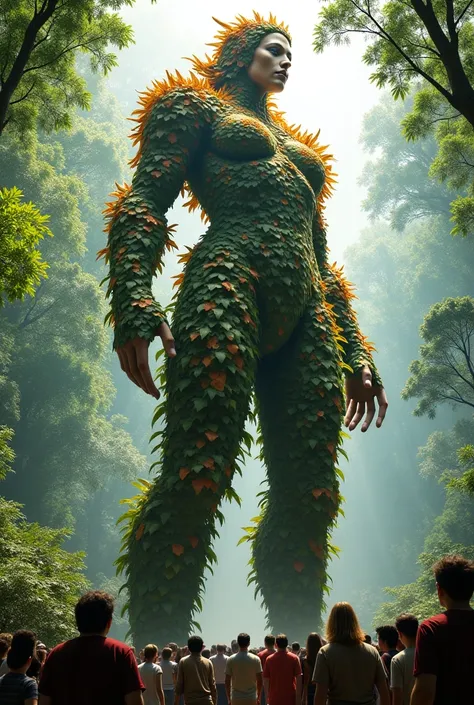 female Forest Giant in a costume made of leaves, many people around the giant, side view from below