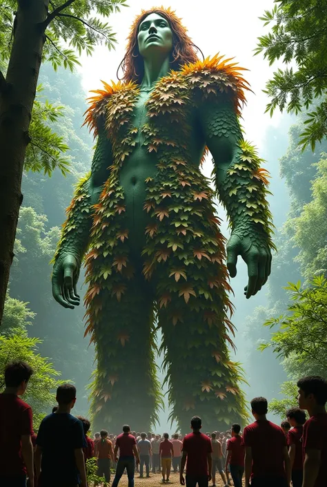 female Forest Giant in a costume made of leaves, many people around the giant, side view from below