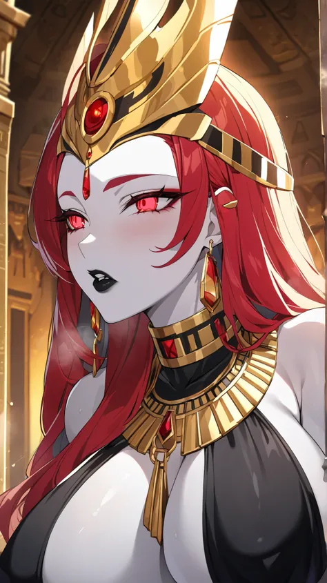 Egytian queen,Tall, Pale Skin, White Skin, skinny, huge Breasts, busty, red
 Hair, Long Hair, Slicked Back Hair, Glowing red eyes,glowing Eyes, Parted Lips, Black Lips,Wears black tight velvet dress, has gold chained ruby amulet.
. Ruby earings. Wears a ru...