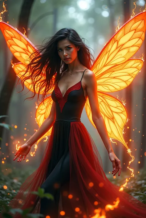 A fairy from. Black and red hair with blue eyes creating fire around it and wings form from it