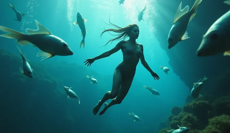 Woman underwater  photo  diving,  h6brid fish people, photorealistic,  8k, Cinematic 