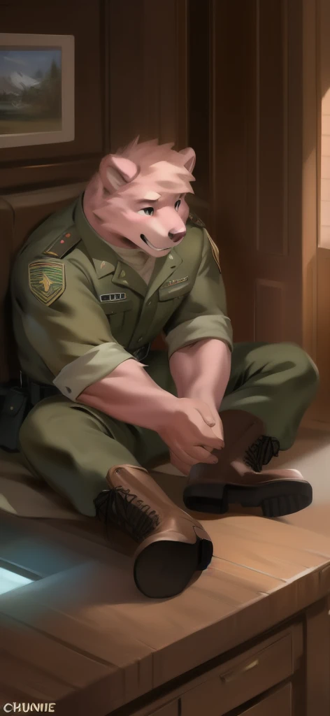  alone,  man big tall , Sitting inside ., in wardrobe , pink bear  ,black Green military Army uniform ,  wearing boots ,  heavy overload,  muscle,  Sexual​Emotions​ happy​, by chunie 