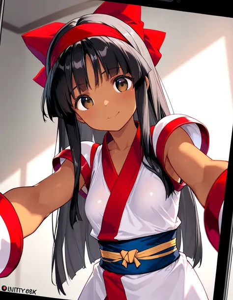 (​masterpiece, top-quality, hight resolution, Unity 8k, extremely details CG:1, Best Picture), 1girl, nakoruru, (dark-skinned female), SLUT selfies, Small breasts, 