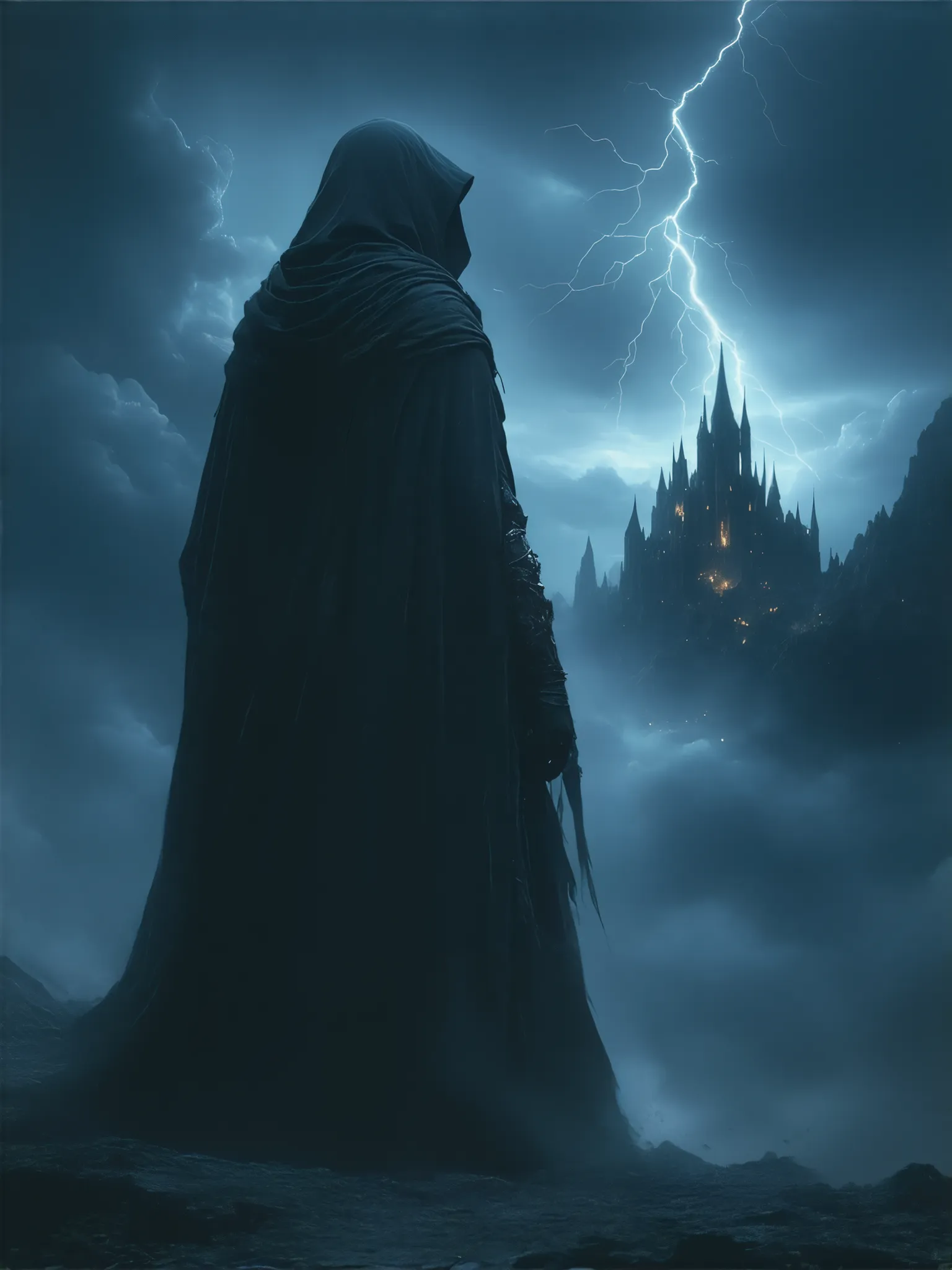 Dragonlance, Raistlin Majere, castle, rolling dark clouds, lightning, fantasy background, high detail, masterpiece.