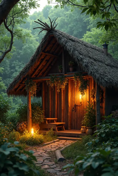 Ultra image, 4K,  realistic, HD, rustic hut in the forest, soft candlelight, herbs hanging on the walls.
