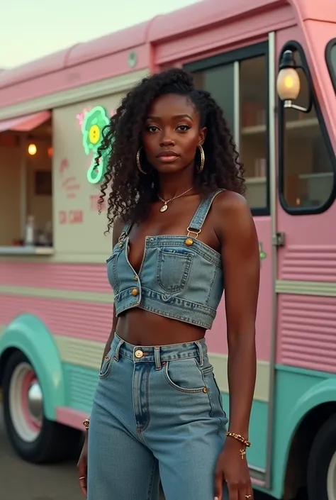 A curvaceous Black woman in a  high-waisted wide-leg jeans in faded black. She wears with a cropped denim vest, her hair in butterfly locs with gold cuffs, standing outside a retro ice cream truck with pastel stripes and neon signs.

