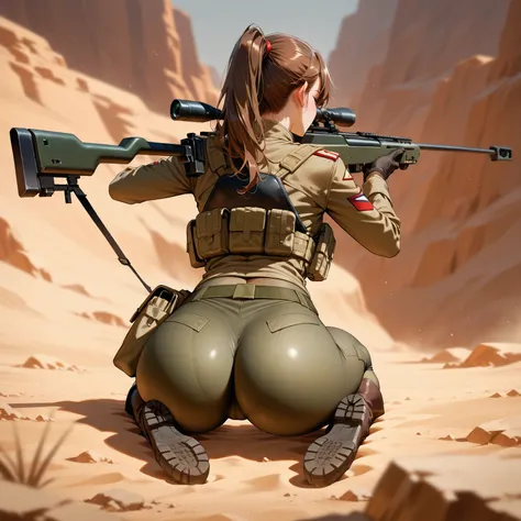 female sniper, kneeling, aiming with rifle, from behind, big ass, tight pants, military, boots, ponytail, desert