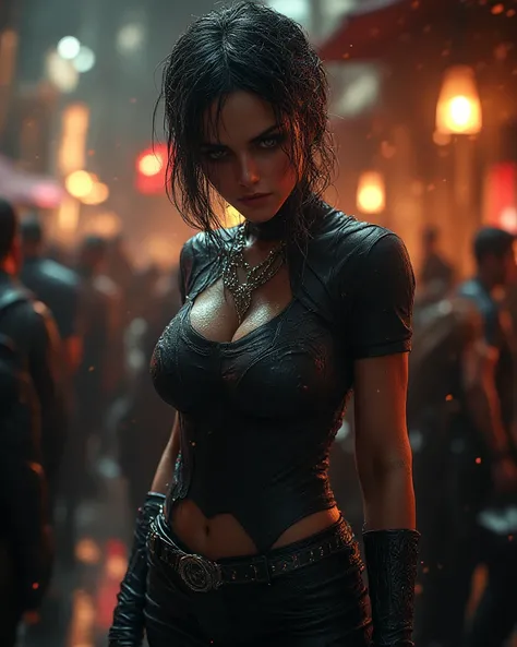 Woman, vampire, 6' tall, strong, athletic, really hard muscles, high cheekbones, short buzz cut style black hair, gunmetal grey eyes, brave, loyal, survivor, wearing muscle tee shirt, leather pants, shitkickers, and a gun belt with gun, no jewellery, bounc...