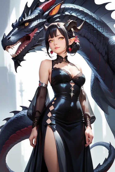 (masterpiece, best quality, detailed), black dragon girl, black hair, yellow eyes, black dress, black dragon tail, anatomically correct, cowboy shot,