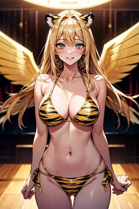 (((nightclub))), ophanimon,Blonde Hair, mint eyes, laugh,masterpiece, best quality, in detail,cute (big breasts), (split), whole body, ((gold multiple angel wings)), Best image quality、masterpiece、8k、Anime Face、A kind smile、 beautiful body 、Cowboy Shot,sex...