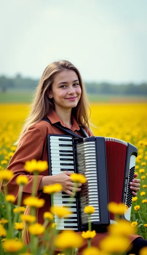 documentary photo ,  realistic,  dramatic scene , very beautiful Buryat high school student, beautiful Buryat girl,  cute woman, ( very pretty with a very cute , but with a cool face :1.2), ( girl playing the accordion on a beautiful flower field:1.5), 