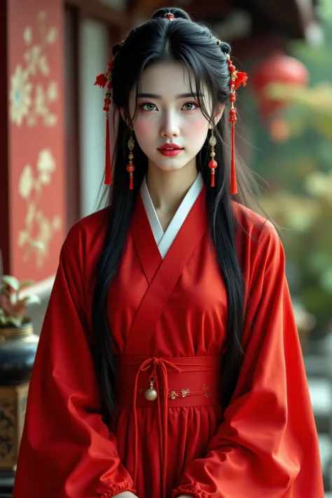 Longnü is 20. she has long black hair in hanfu hairstyle . beautiful traditional Chinese woman. her eyes green.  she wore a  short thigh length red Girls changshan with hanfu red shoes.  she is slim and pretty , tassel on hair, front pose, full body, top l...