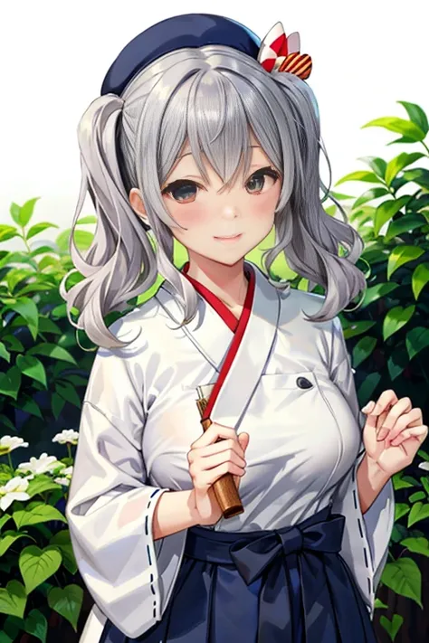  Max Image Quality、 top quality、​masterpiece、１people、solo、 、Kashima、smile、 shy、Gray Hair、 twin tails、beret、Big Breasts,{ white kimono:1.35}, {Red Hakama:1.35}, 、 staring at the camera、garden、