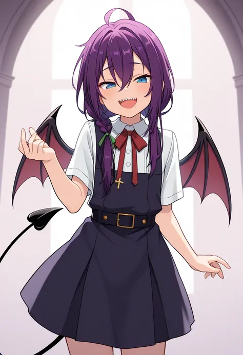 masterpiece, best quality, 
mayoi, 1guy, solo, purple hair, long hair, ahoge, hair between eyes, hair over shoulder, ribbon, hair ribbon, blue eyes, mole, mole under mouth, twintails, pigtails, bat wings, devil, demon, smile, open mouth, devil tail, dress,...