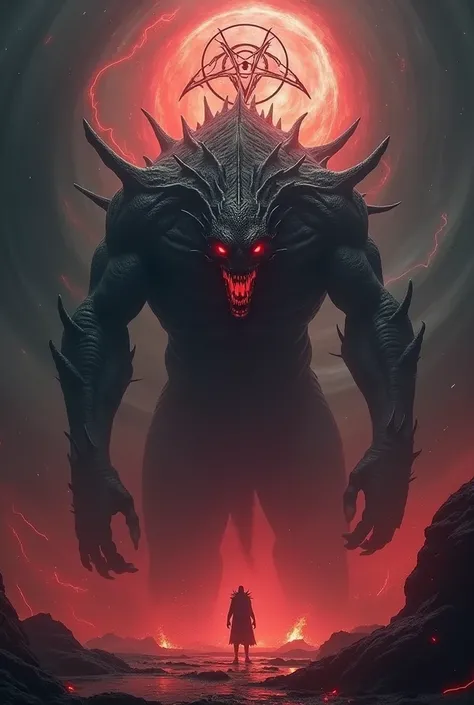 Evil;
Leviathan monster;
Muscular body;
Red shining eyes;
Black and red aura;
Red satanic logo background;