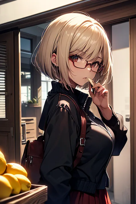 (( top quality)), ((傑 top quality、 Masterpiece、High sensitivity、 high res、 detailed depiction of up to the front door、 delicate face depiction ))Slender Woman、Glasses、 brown skin、 BOB CUT、 red leather skirt、green blouson 、Nibble on lemons 、