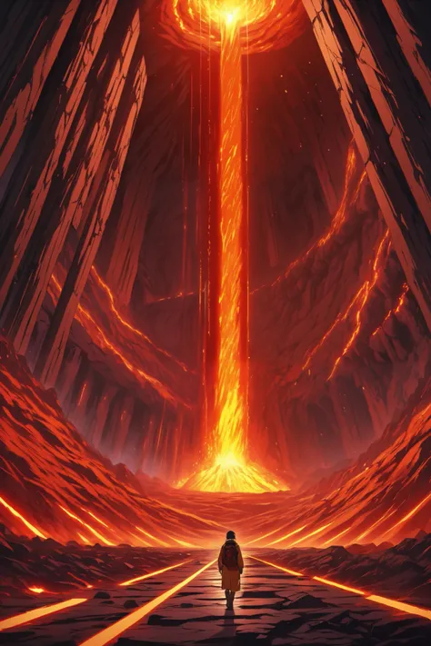 Volcanic chambers, closed space, inside a volcano, lava rivers, a giant light beam in the middle of the room, ( metal ceiling and columns )