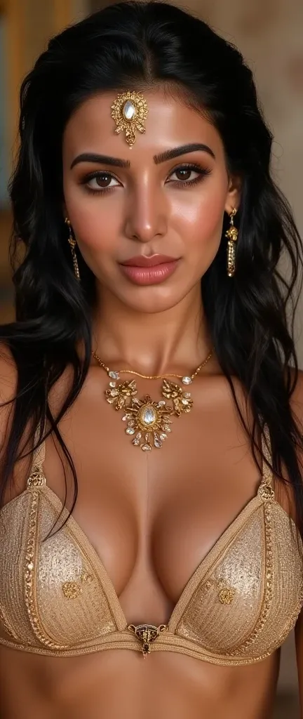 Front view,showing navekl, ancient palace set up, wet body#, wet hair,Beautiful woman,((showing navel and cleavage)), she resembles a sexy seductive queen, sexy, she is wearing a lucrative bikini type ancient dress, selfie point of view, (close up body bus...