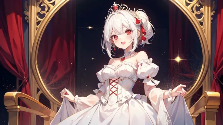 1girl, White Hair, Open Mouth, Red Eyes, Royal Crown, Sparkle, Bloom, Red Royal Diamond Gown, Little, Red Styles, Princess Castle, Simple background, HD, Yellow Hair, standing, Solo, Masterpiece, Beautiful Detail, Best Quality, Smile, Anime Style, Kawaii, ...