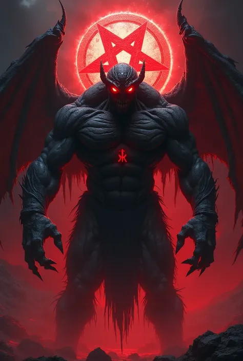 Evil;
Mammon monster;
Muscular body;
Red shining eyes;
Black and red aura;
Red satanic logo background;