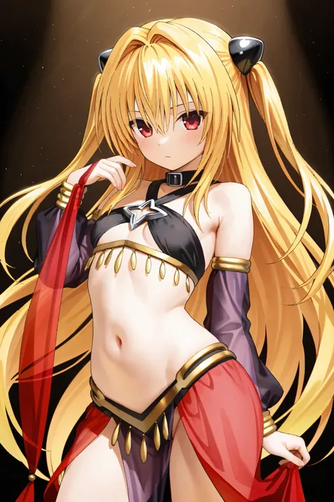 NSFW, Masterpiece, top quality, high res, very detailed, konjiki no yami \(ToLOVEru\), very long hair、 blond hair、 two side up、 hair ornament、 Hair Intake、 hair between eyes、bangs、 red eyes, dancer, Arabian Outfit