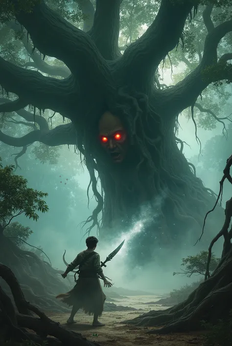 "A dramatic battle scene between a brave young man and a ghostly figure under a massive banyan tree. The young man is holding a traditional Burmese dagger, while the ghost is surrounded by swirling mist and glowing red eyes. The tree's twisted roots and br...