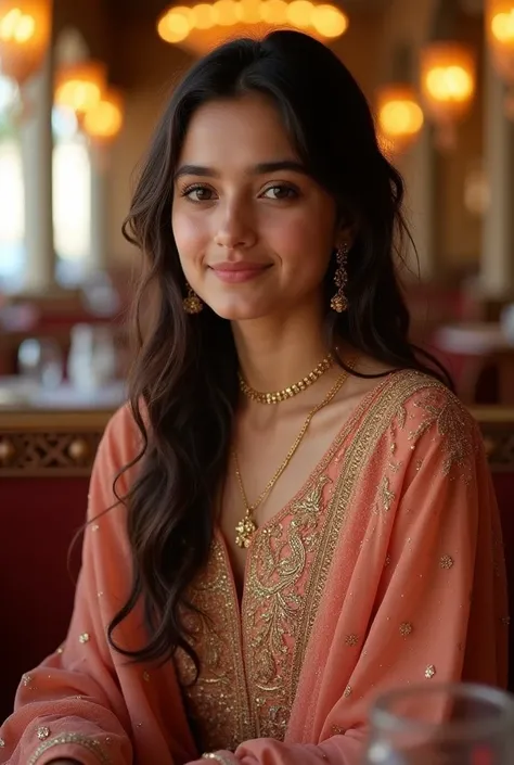 A 20-year-old Arab girl with an innocent and graceful look, resembling Bollywood actress Neha Sharma. She has delicate, well-defined features, expressive eyes, and a warm, gentle expression. She is dressed in an elegant, intricately embroidered shalwar kam...