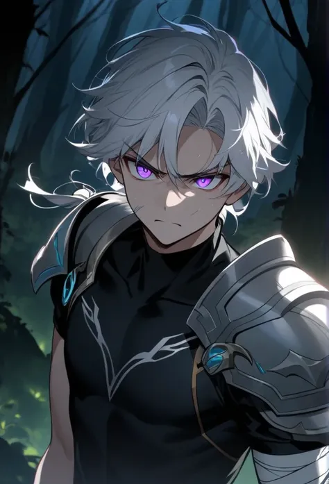  young Greek boy with long white hair tied,  right arm covered by bandages,  Violet Eyes,  wearing two silver shoulder pads and a black high-neck shirt,  athletic body , Eyes shining in the dark night,  Serious expression, Night forest background , aesthet...